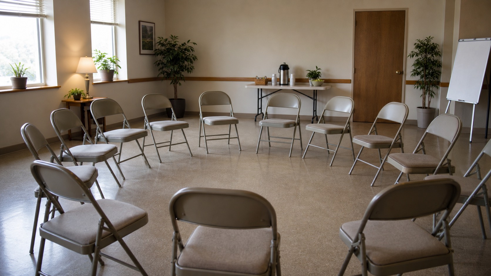 An empty community meeting room with folding chairs arranged in a circle.